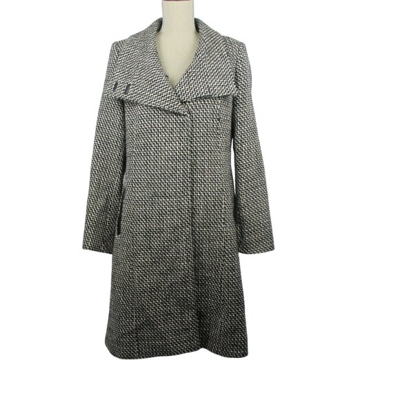 French Connection Coat Houndstooth Tweed Removable Faux Fur Collar Size L Luxury - Picture 2 of 8